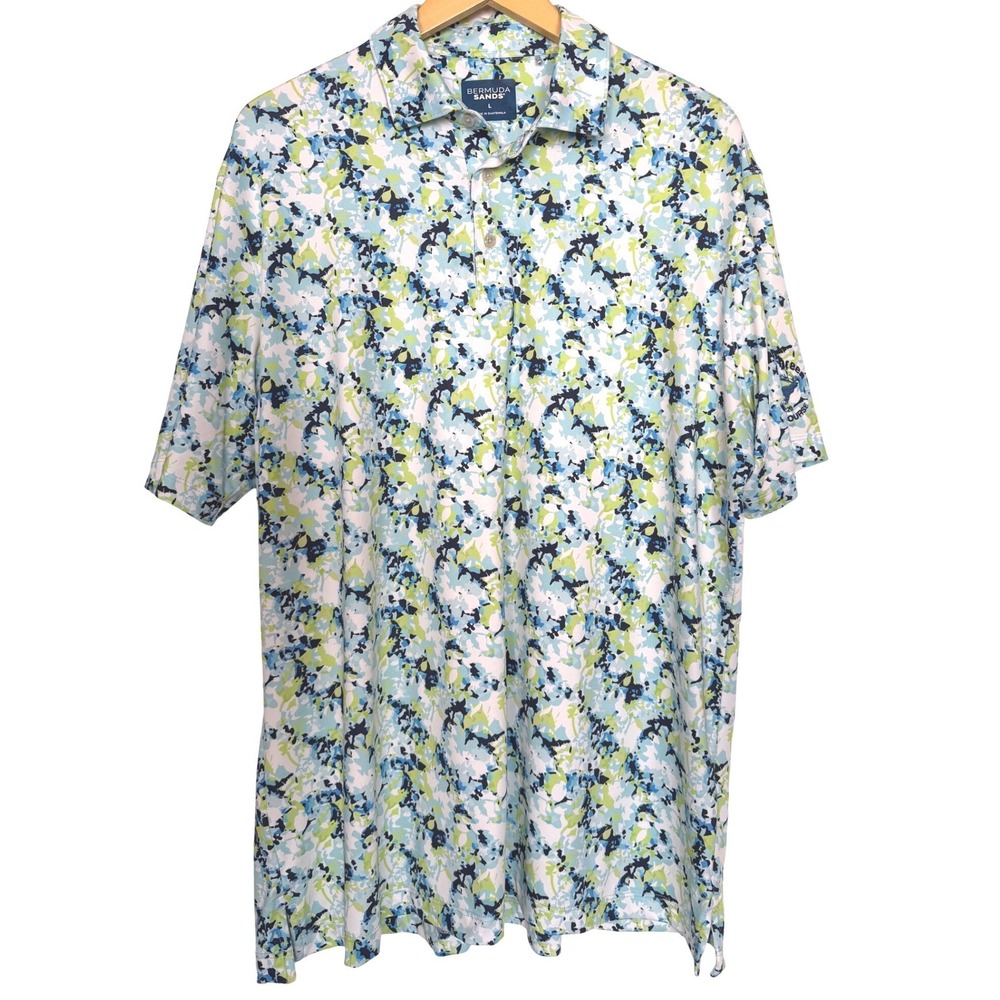 Bermuda Sands Mens Large Golf Polo Shirt Blue Green‎ Abstract Print Performance